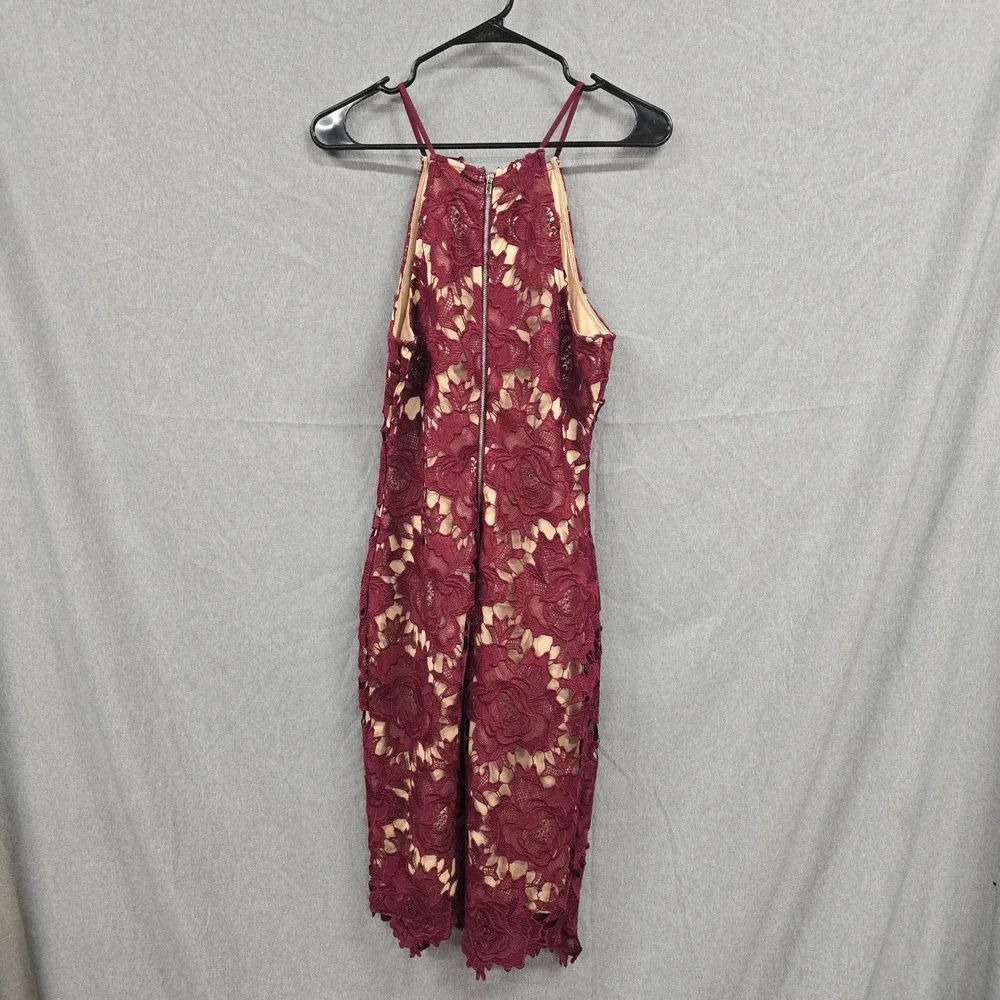 Lulus Burgundy Floral Crochet Lace‎ Halter Sheath Dress Maroon Size M